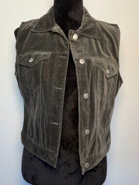 Vintage GAP Velvet Vest M Olive Green Trucker Jean Jacket Style Snap Button